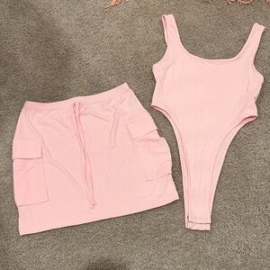 Pink Ribbed 2-Piece Bodysuit Skirt Set